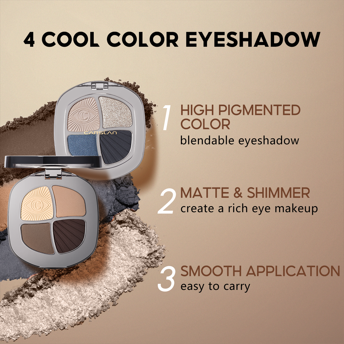 CARSLAN 4 Color Nude Eyeshadow Palette Makeup, 12H Longlasting Highly Pigmented Eye Shadow Palette with Blendable Matte, Glitter and Shimmer Finishes