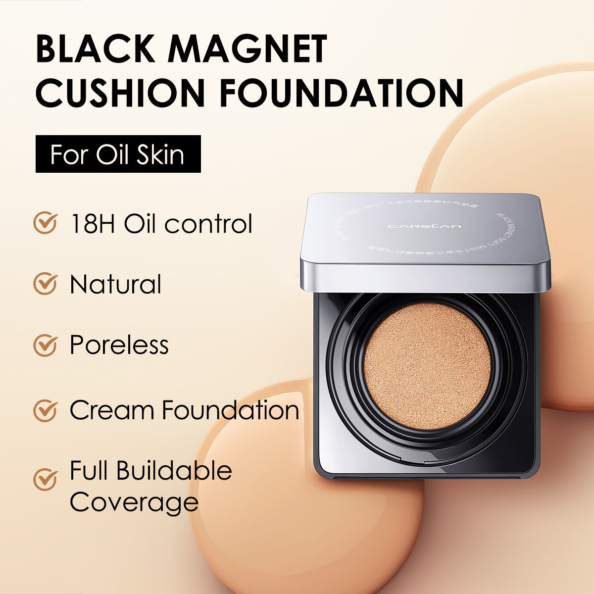 CARSLAN Black Magnet Cushion Foundation - Full Buildable Coverage, Moisturizing, Lightweight, 16H Long-Lasting Glow Looking, Refill Included