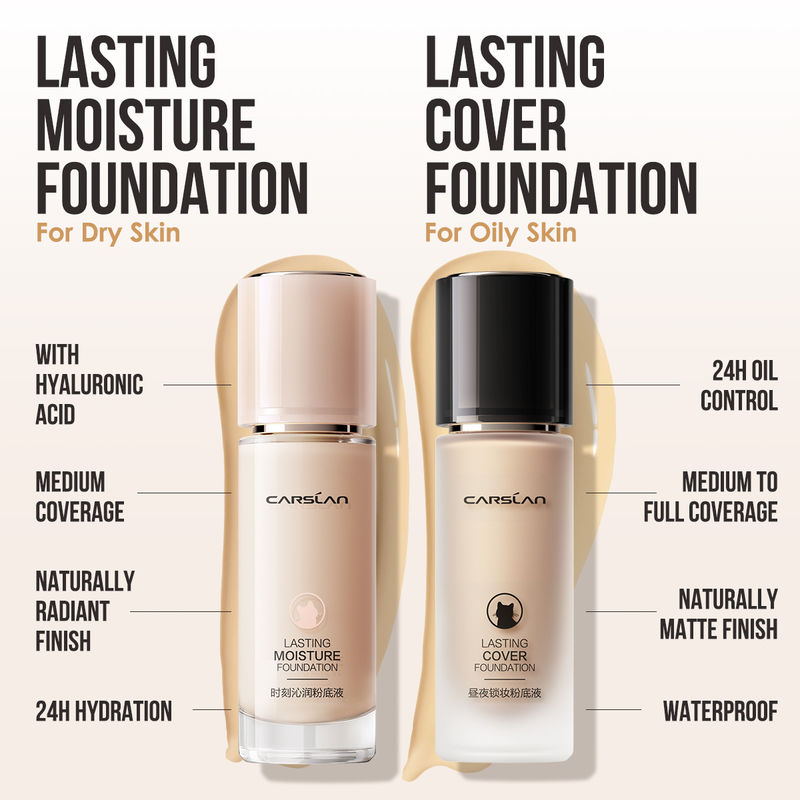CARSLAN Lasting Moisture Foundation, 24H Longlasting Medium Coverage Dewy Finish Face Makeup, Poreless, Lightweight, Waterproof, Oil Free Liquid Foundation
