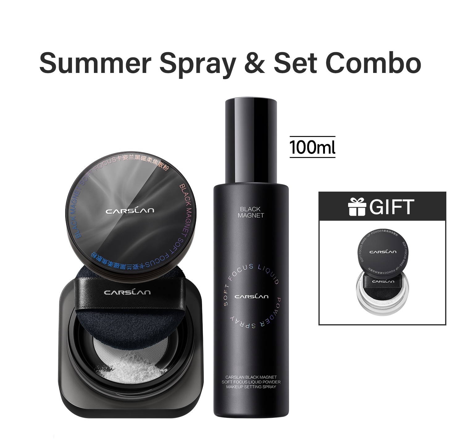 [2.0]CARSLAN Black Magnet Soft Focus Make-up Powder+Liquid Powder Makeup Setting Spray, 24HLongglasting, Oil Control, Waterproof, Blurring Pores Summer Spray &amp; Set Combo