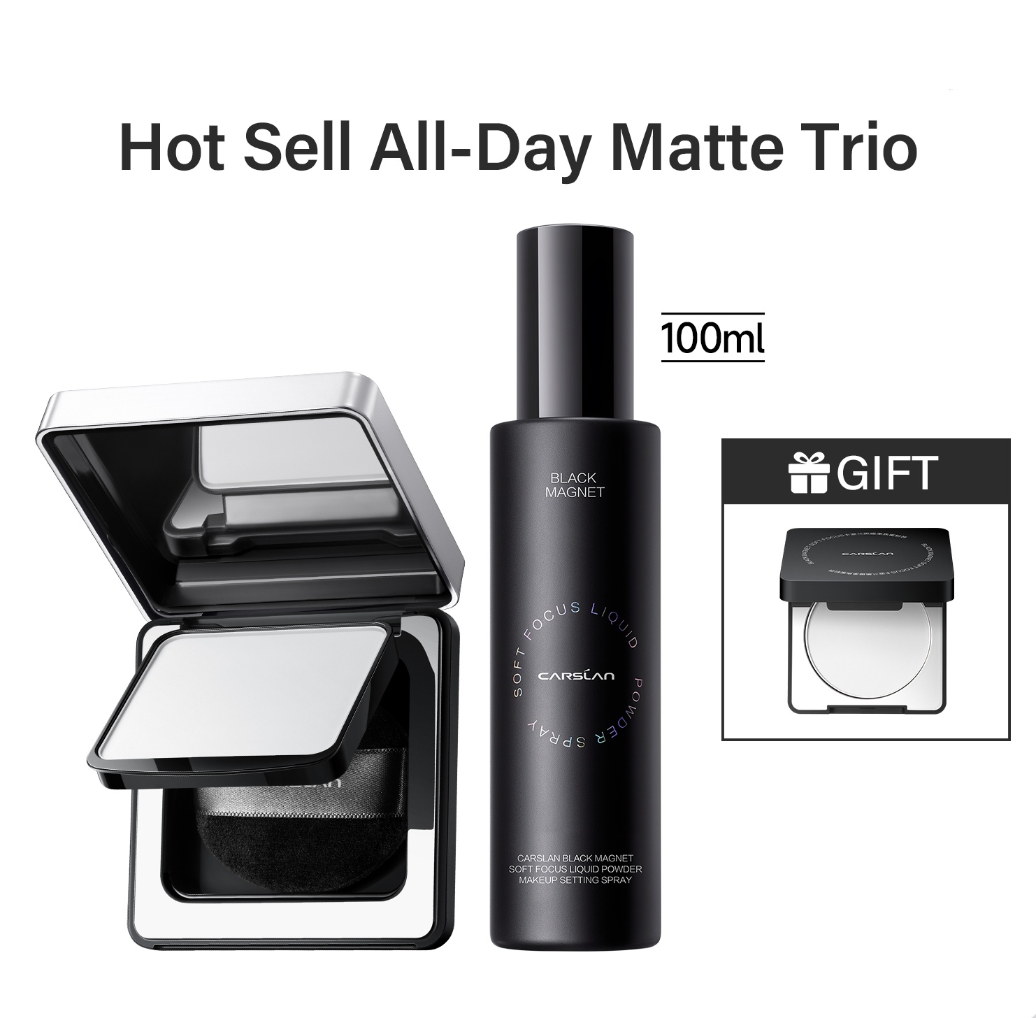 [2.0]CARSLAN Black Magnet Soft Focus Powder+Liquid Powder Makeup Setting Spray, 24HLongglasting, Oil Control, Waterproof, Sweatproof, Poreless Summer Hot Sell All Day Matte Trio