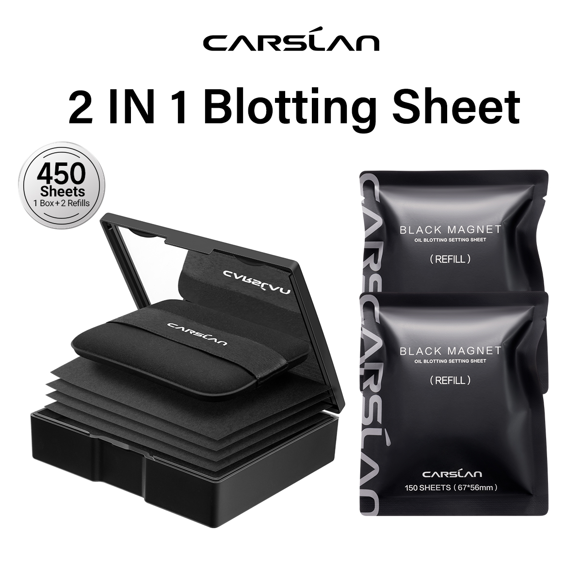 CARSLAN Black Magnet Oil Blotting Setting Sheet With Powder More Control Oil Keep Fresh 2 IN 1 Blotting Sheet with Mirror Puff & Recyclable Case 450 Sheets 1 Box 2 Refills
