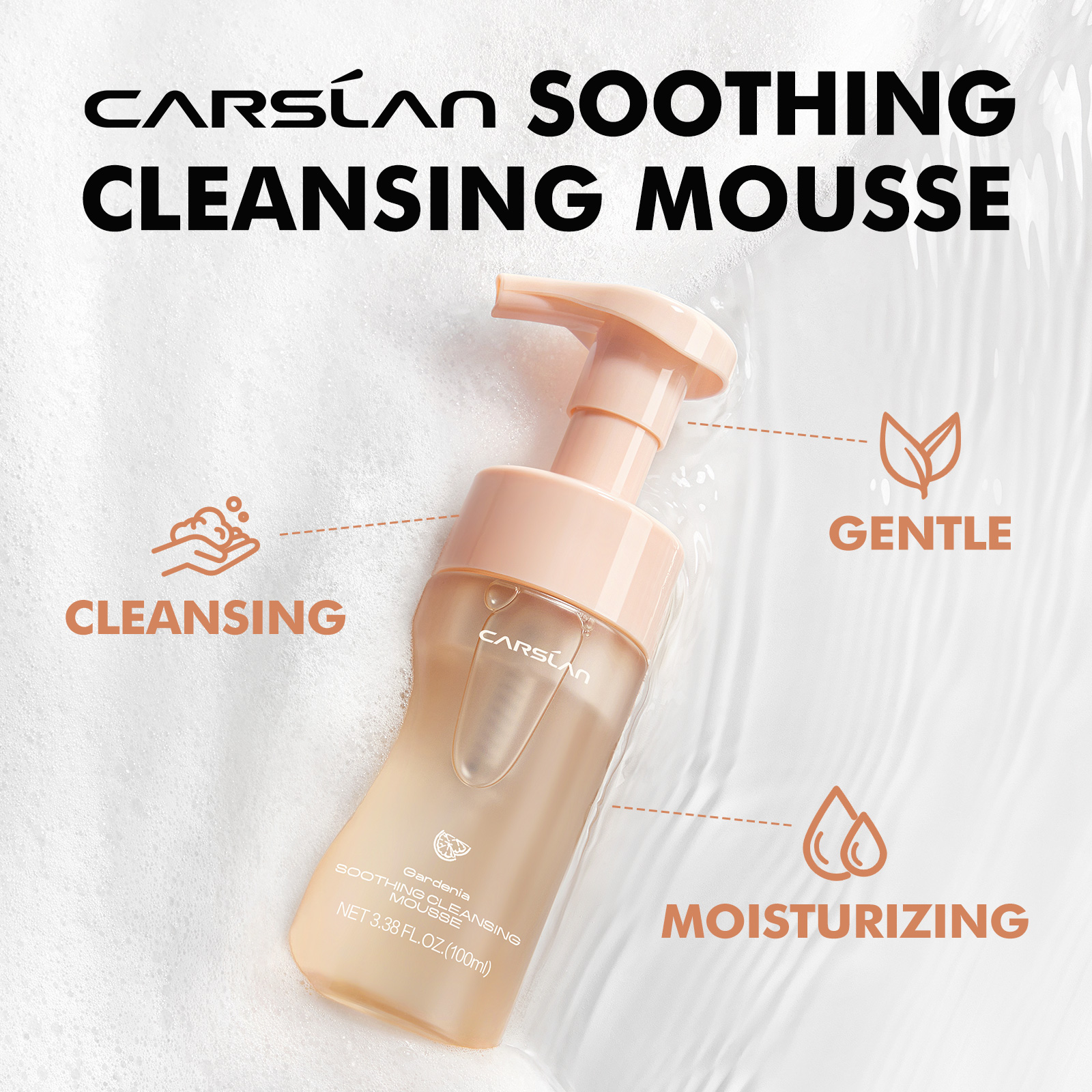CARSLAN Soothing Cleansing Mousse, 2-in-1 Makeup Remover and Face Wash, Amino Acid Cleanser, Gentle Hydrating Foam, No Tightness, No Redness, Moisturizing Facial Cleanser, Sensitive Skin Friendly, Top-tier Fragrance, 100ml / 50ml