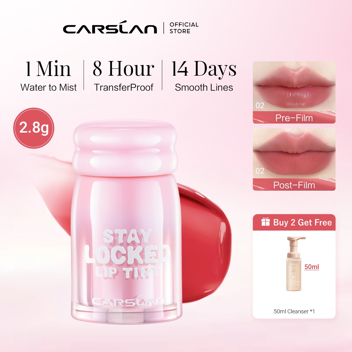 CARSLAN Stay Locked Lip Tint (0.09 oz), Fast-Dry, Transfer-Proof, Plumping Care | Buy 2 Get Free Cleanser