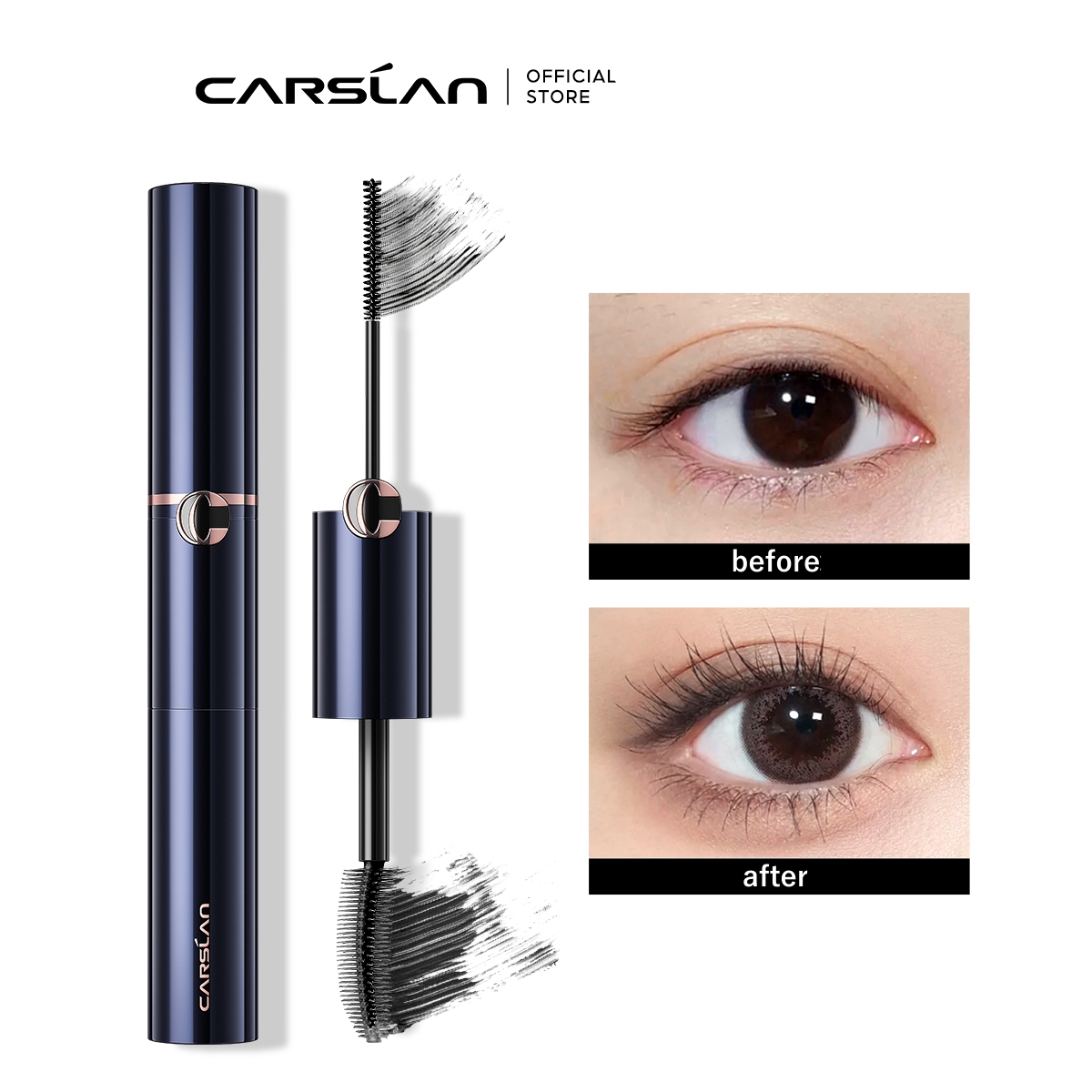 CARSLAN Double Extension Curling Mascara, Dual Brush Design for Lengthening &amp; Curling for All Lashes, Natural Volume, Quick-Dry Smudge-Proof All Day Wear, Black, 0.18 Fl Oz &amp; 0.16 Fl Oz