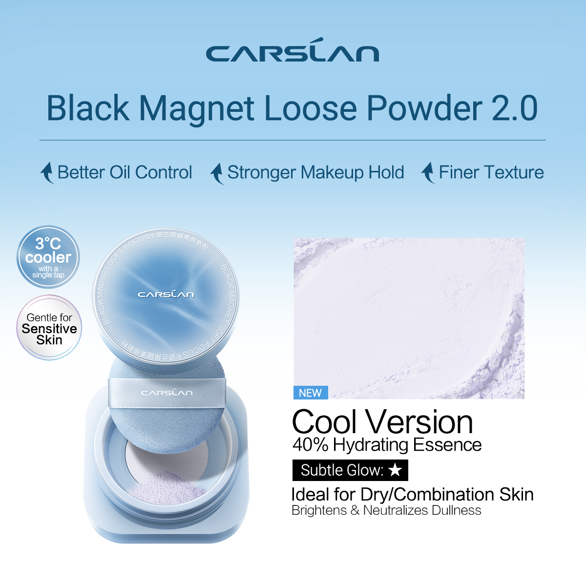[3.0] [Denim Limited] CARSLAN Black Magnet Loose Powder, Next-Level Oil Control, Sweat-Proof, Smudge-Proof, Natural Matte Finish, No Caking, Perfect for Summer Commute, Pool Parties & All-Day Events