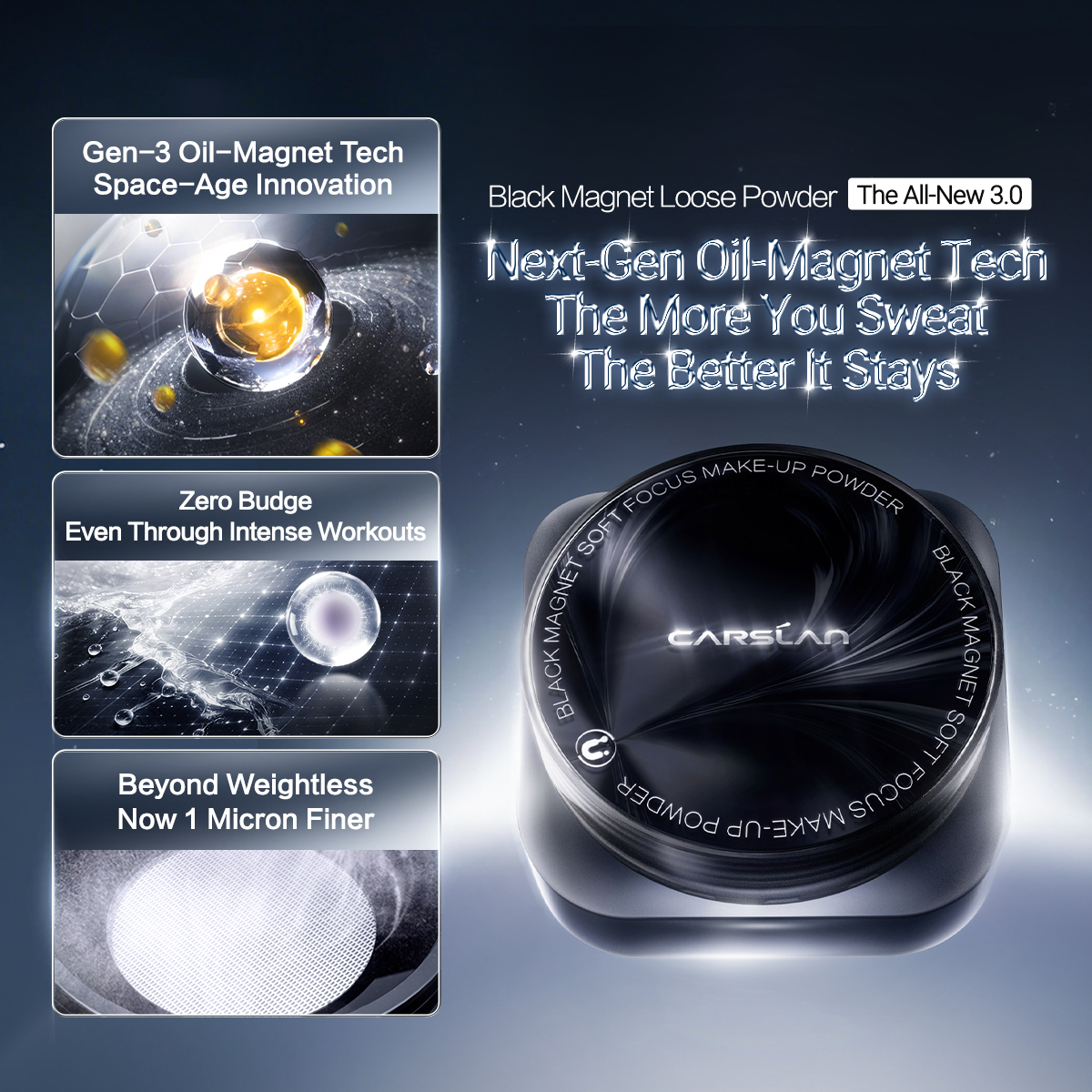 [3.0] [Denim Limited] CARSLAN Black Magnet Loose Powder, Next-Level Oil Control, Sweat-Proof, Smudge-Proof, Natural Matte Finish, No Caking, Perfect for Summer Commute, Pool Parties & All-Day Events