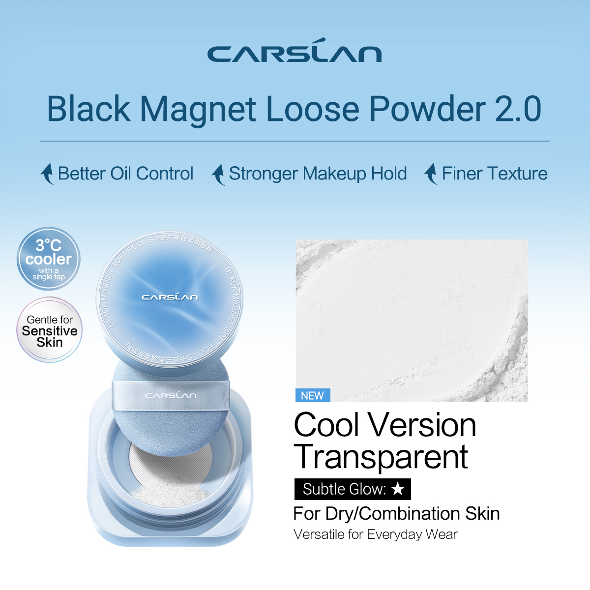 [2.0 Cool Version] CARSLAN Black Magnet Soft Focus Make Up Powder, Waterproof Loose Setting Powder, 24H Longlasting, Oil Control, Talc-Free Face Powder, 0.28Oz