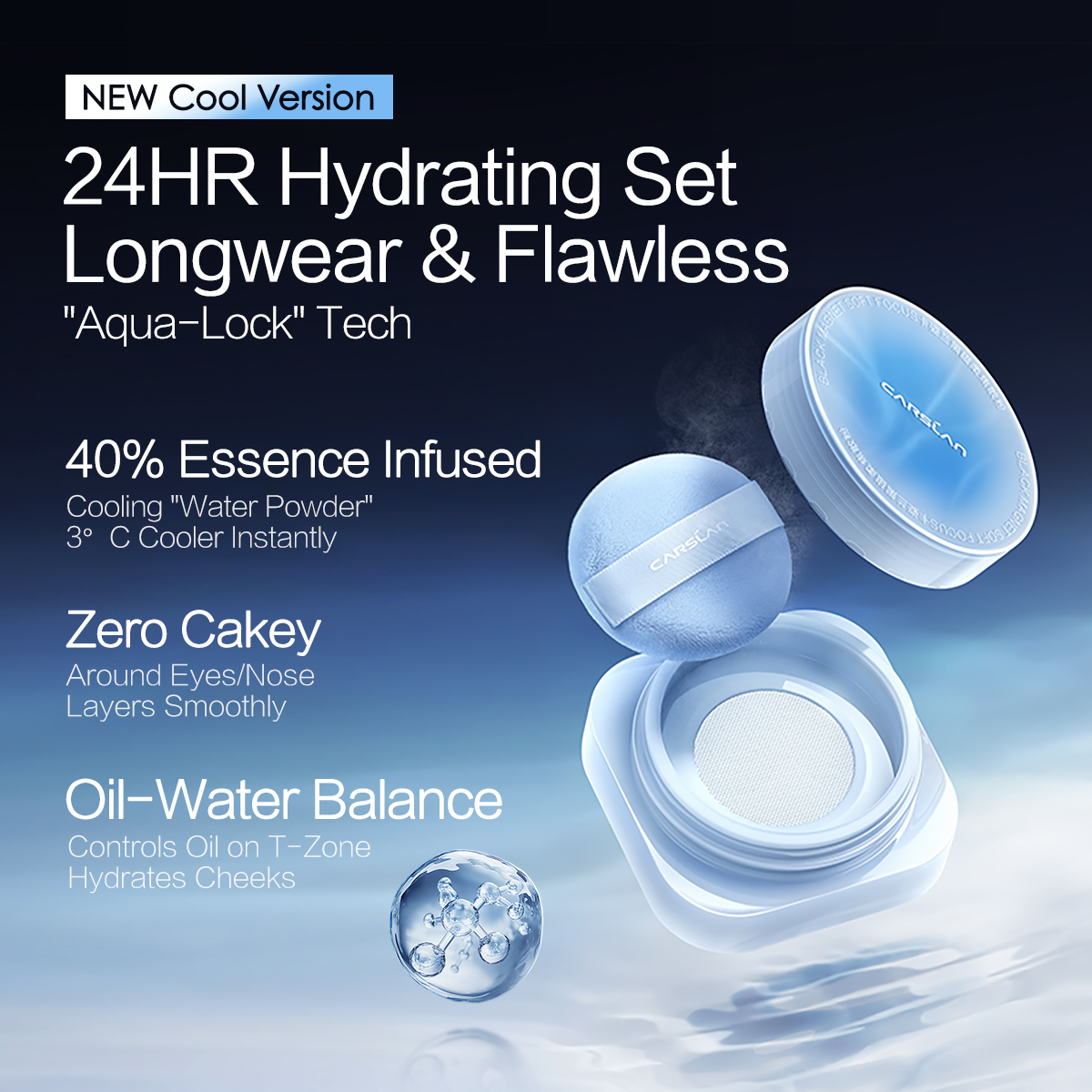 [2.0 Cool Version] CARSLAN Black Magnet Soft Focus Make Up Powder, Waterproof Loose Setting Powder, 24H Longlasting, Oil Control, Talc-Free Face Powder, 0.28Oz