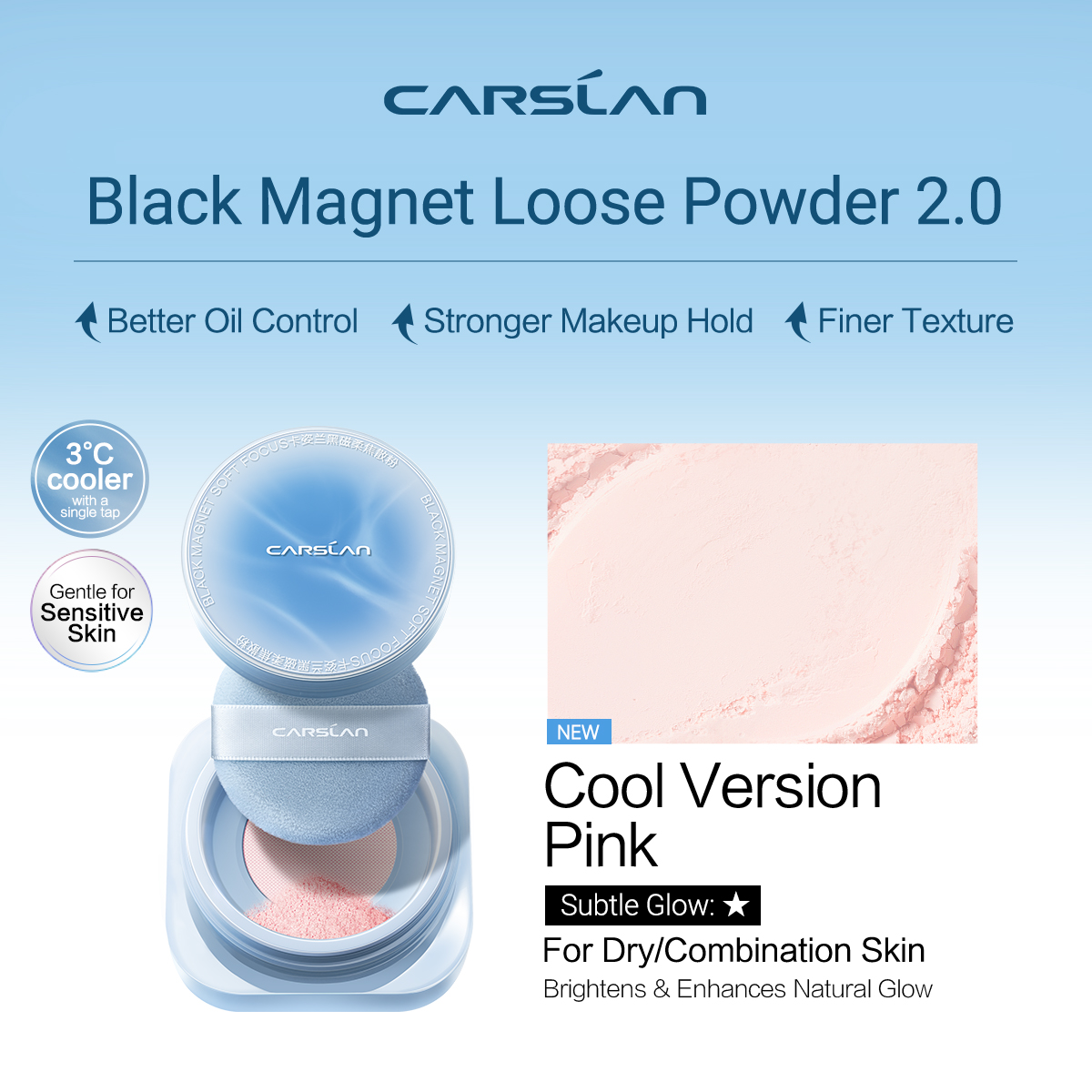 [2.0 Cool Version] CARSLAN Black Magnet Soft Focus Make Up Powder, Waterproof Loose Setting Powder, 24H Longlasting, Oil Control, Talc-Free Face Powder, 0.28Oz