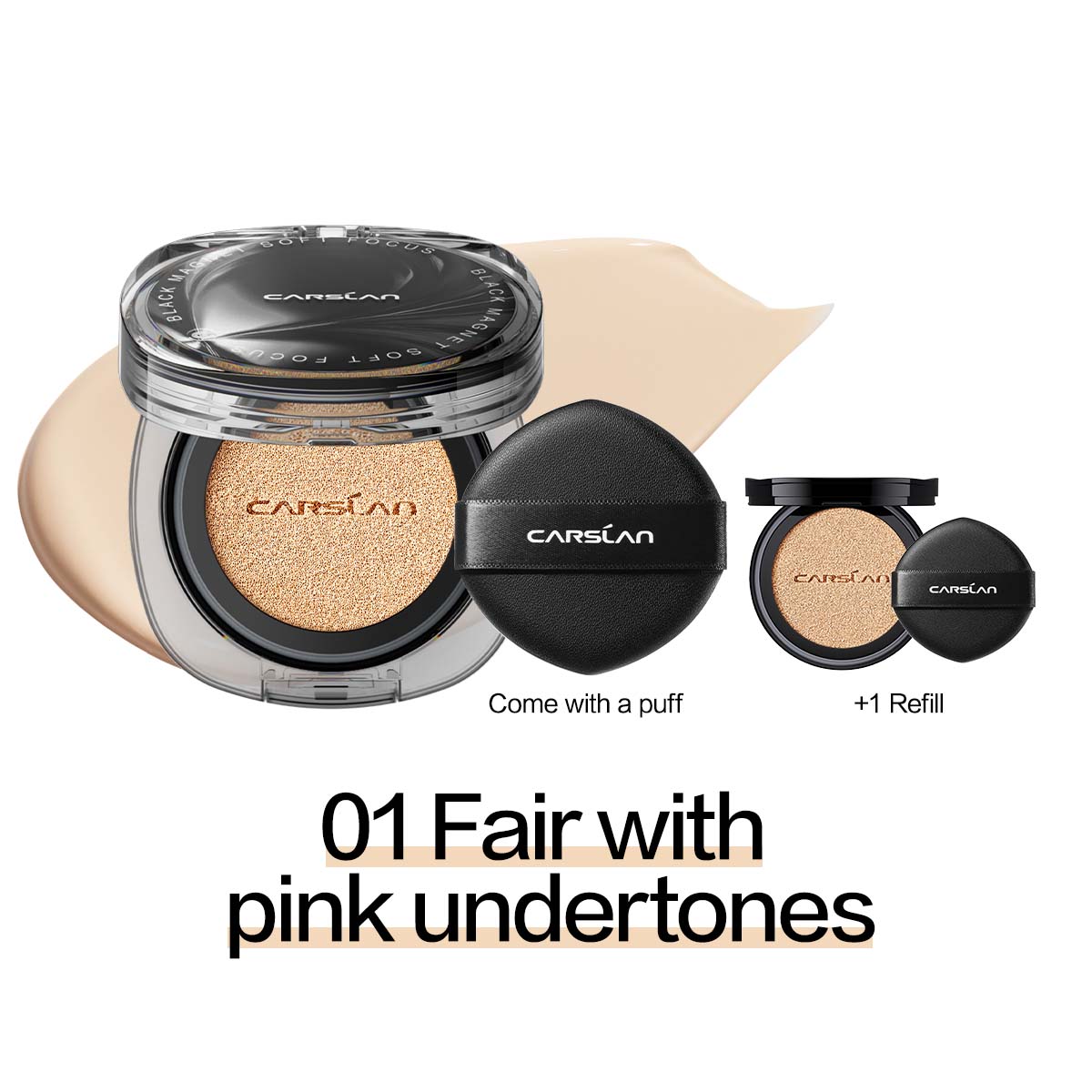 [2.0 Denim Limited] CARSLAN Black Magnet Cushion Foundation - Full Buildable Coverage, Moisturizing, Lightweight, 16H Long-Lasting Glow Looking, Refill Included, 13g/0.46Oz