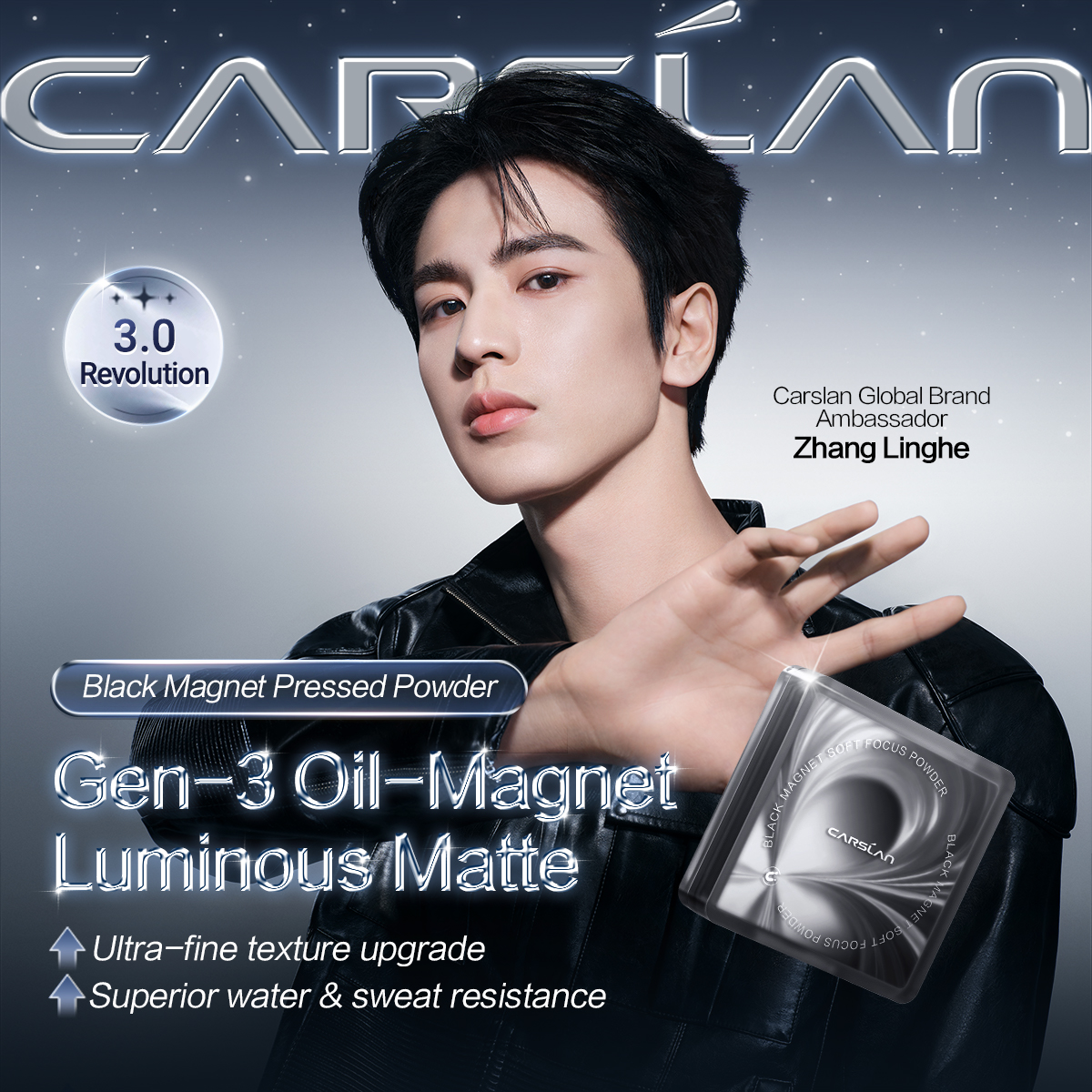 [3.0] [Denim Limited] CARSLAN Black Magnet Pressed Powder, With 1 Refill Included, Pinpoint Oil Control, Long-Lasting, Sweat-Proof, Portable Touch-Up, Non-Cakey Matte, Perfect for Summer Commute, Sports, Parties & All-Day Events
