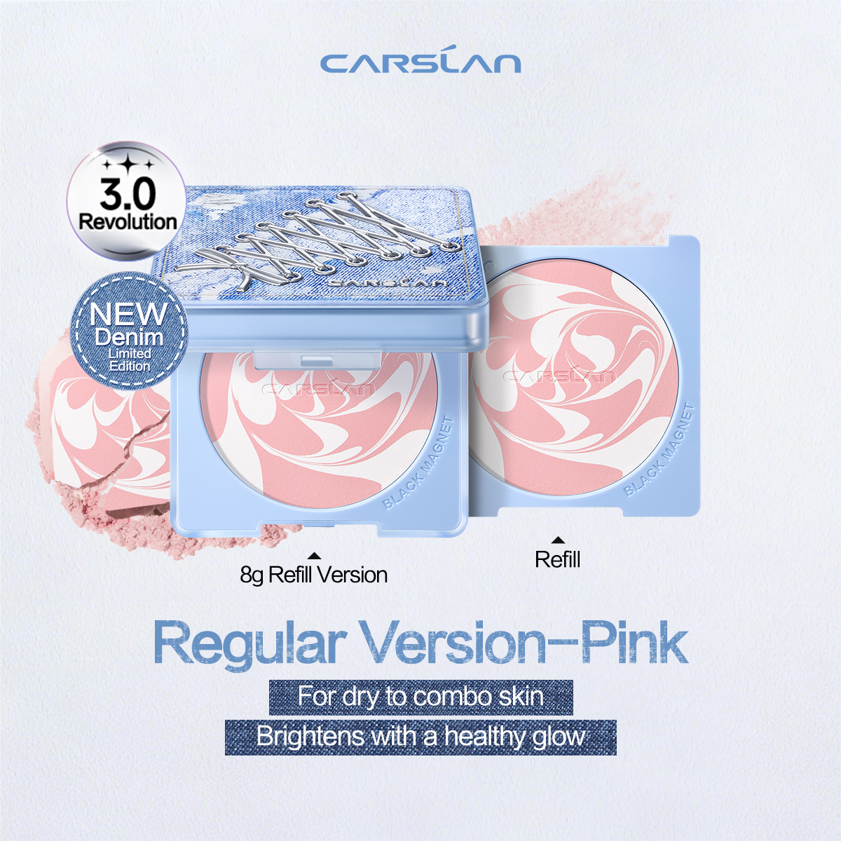[3.0] [Denim Limited] CARSLAN Black Magnet Pressed Powder, With 1 Refill Included, Pinpoint Oil Control, Long-Lasting, Sweat-Proof, Portable Touch-Up, Non-Cakey Matte, Perfect for Summer Commute, Sports, Parties & All-Day Events