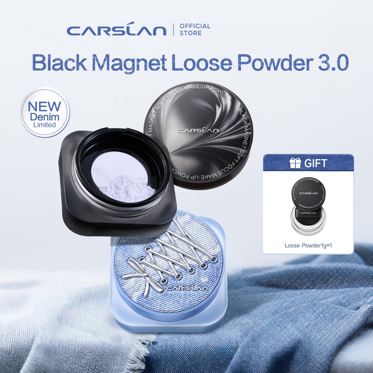 [3.0] [Denim Limited] CARSLAN Black Magnet Loose Powder, Next-Level Oil Control, Sweat-Proof, Smudge-Proof, Natural Matte Finish, No Caking, Perfect for Summer Commute, Pool Parties &amp; All-Day Events