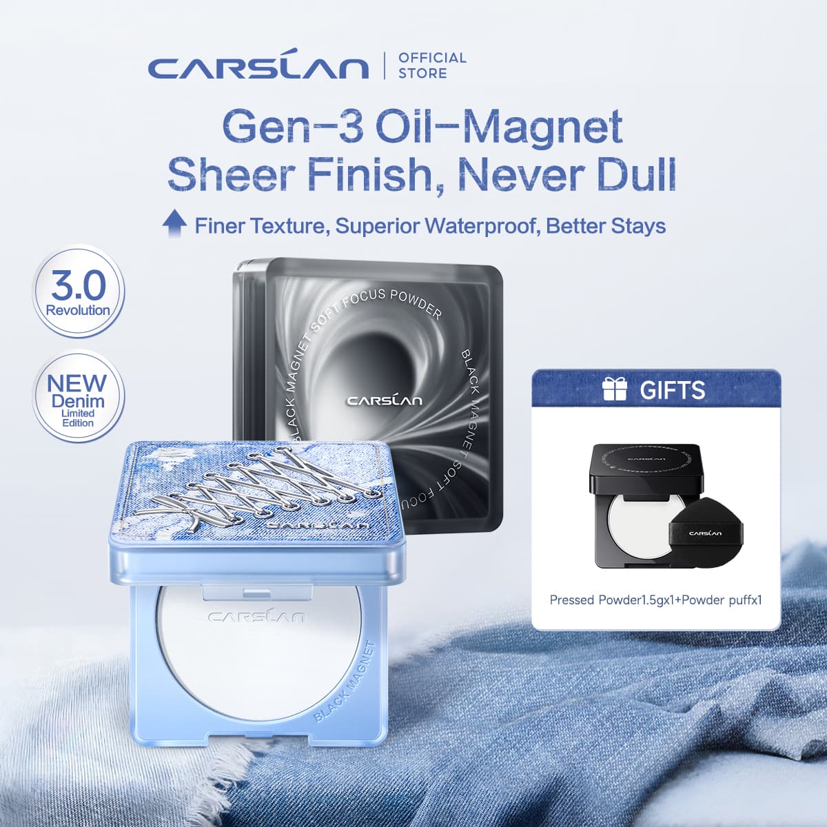 [3.0] [Denim Limited] CARSLAN Black Magnet Pressed Powder, With 1 Refill Included, Pinpoint Oil Control, Long-Lasting, Sweat-Proof, Portable Touch-Up, Non-Cakey Matte, Perfect for Summer Commute, Sports, Parties &amp; All-Day Events